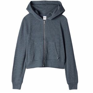 Aritzia TNA L Waffle Knit Full Zip Cropped Hoodie w Pockets Mineral Green EUC